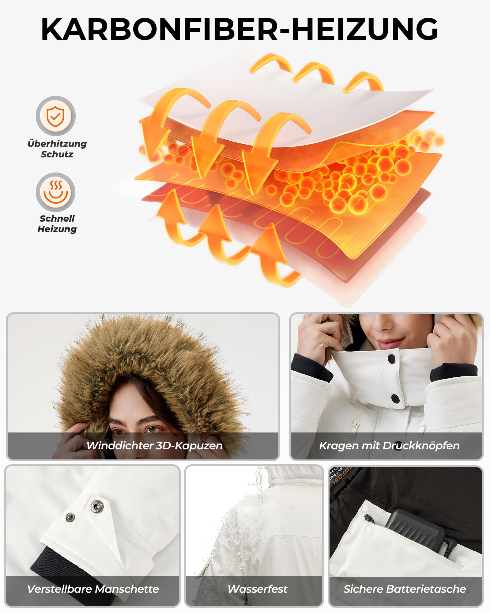 Heated Jacket 12V 18400mAh Power Bank 8 Heating Zones 3 Temp Levels – White XL
