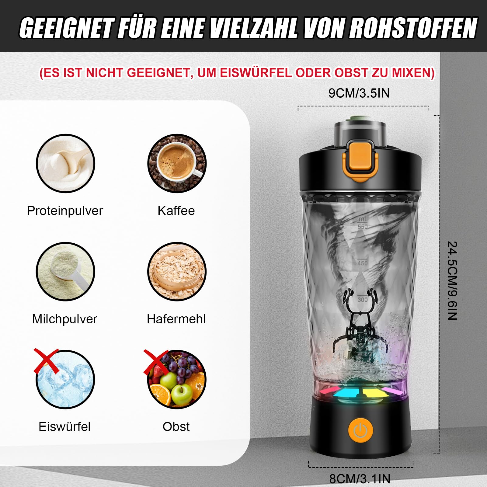 SOARFLY Electric Shaker, 650ml Electric Protein Shaker, USB C Rechargeable Protein Shaker Bottle, Electric Shaker with Powder Compartment, BPA Free, Black
