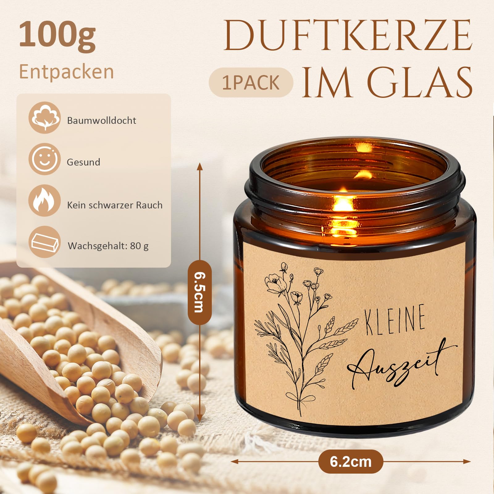 Jasmine Scented Soy Candle in Glass Jar with Engraved Wooden Tray – Gift Set