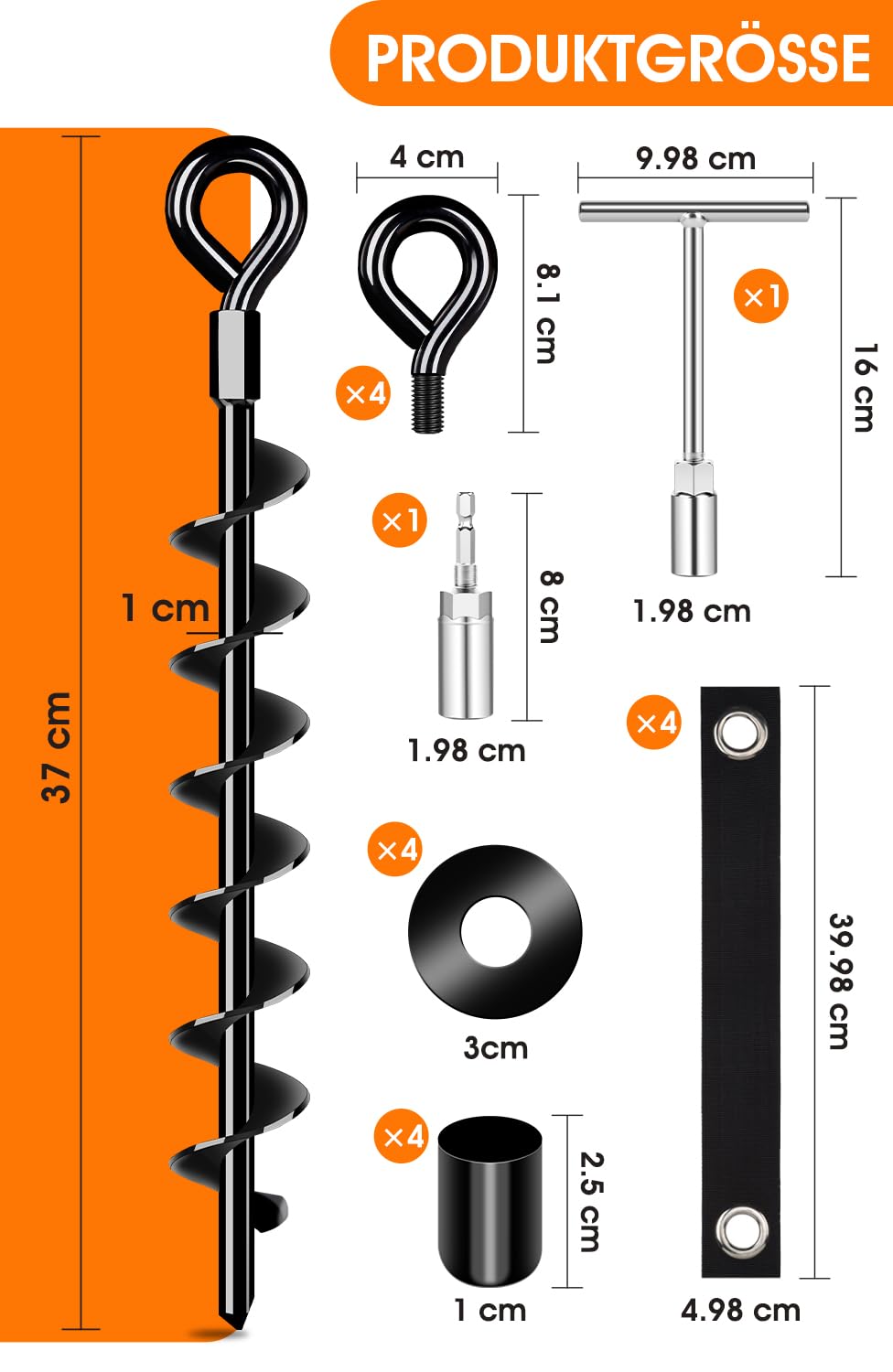 Heavy-duty ground anchors 4 pack, robust, fully screwed ground anchors with straps for securing trampolines, canopies, swings, etc.