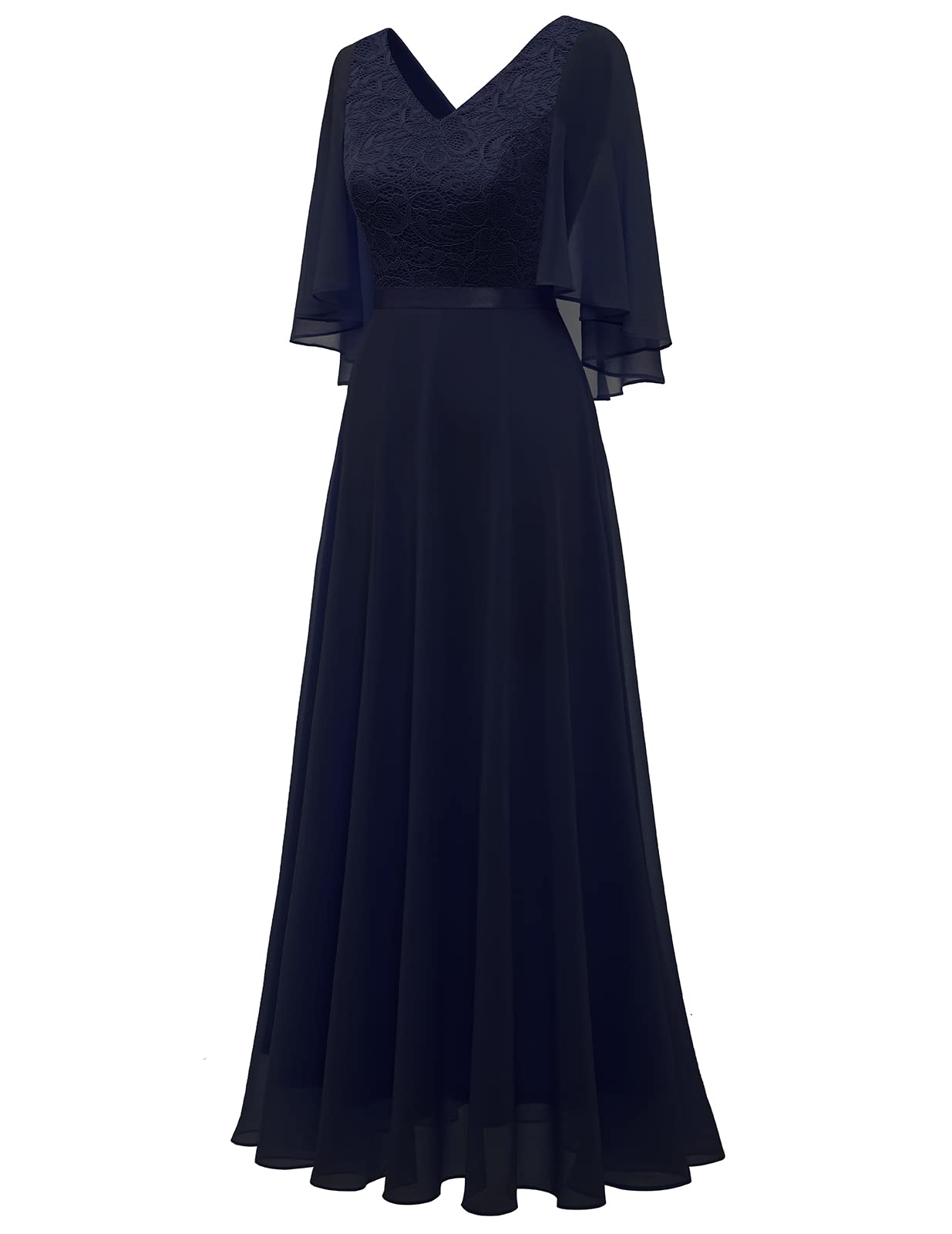 DRESSTELLS Women's Wedding Guest Evening Dresses Elegant for Wedding Chiffon Cape Sleeves Bridesmaid Dresses Navy L