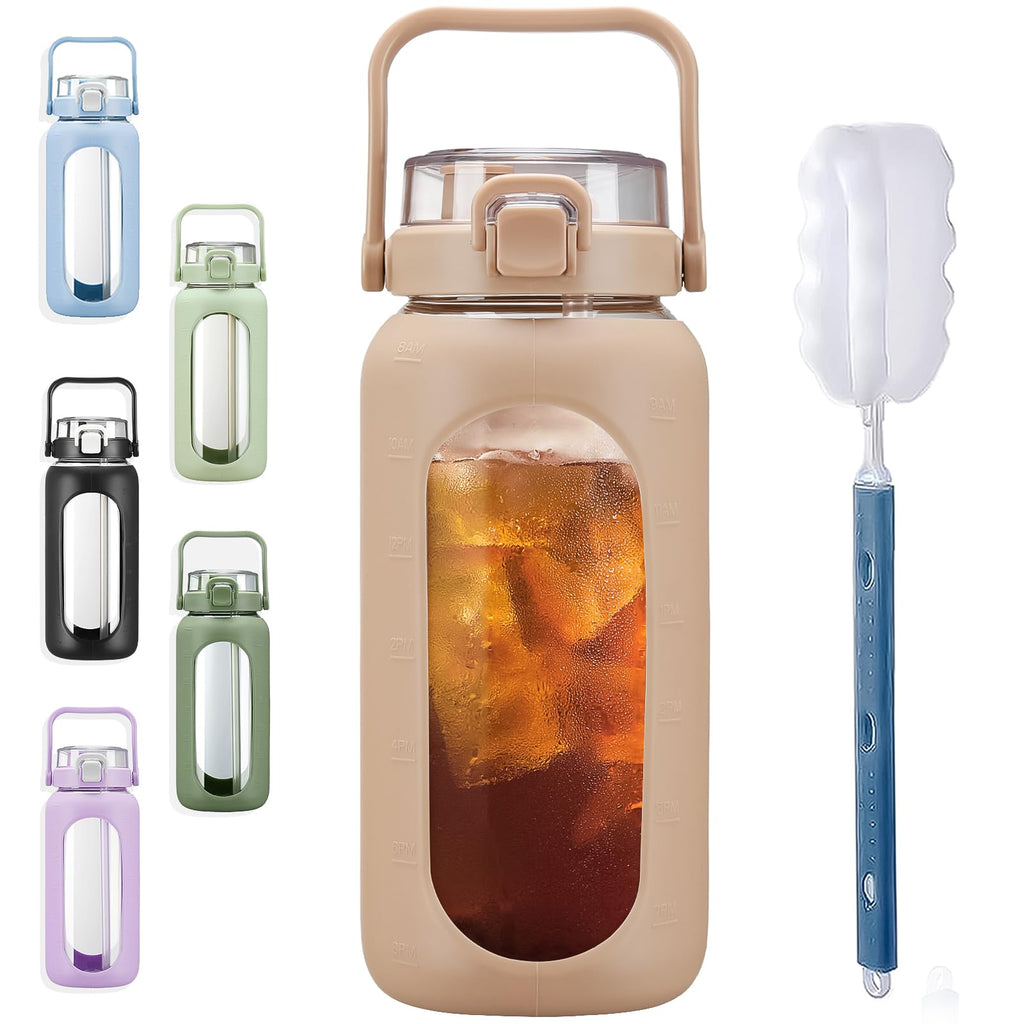 Glass Water Bottle 960ml with Straw & Time Marker Silicone Sleeve – Amber