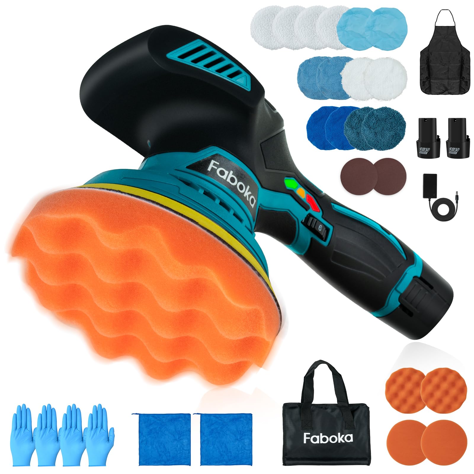 FABOKA Cordless Car Polisher, 12V Eccentric Polisher with 25pcs Attachments and 2pcs 2.0Ah Battery, Cordless Waxing Machine 6 Variable Speeds 5500RPM