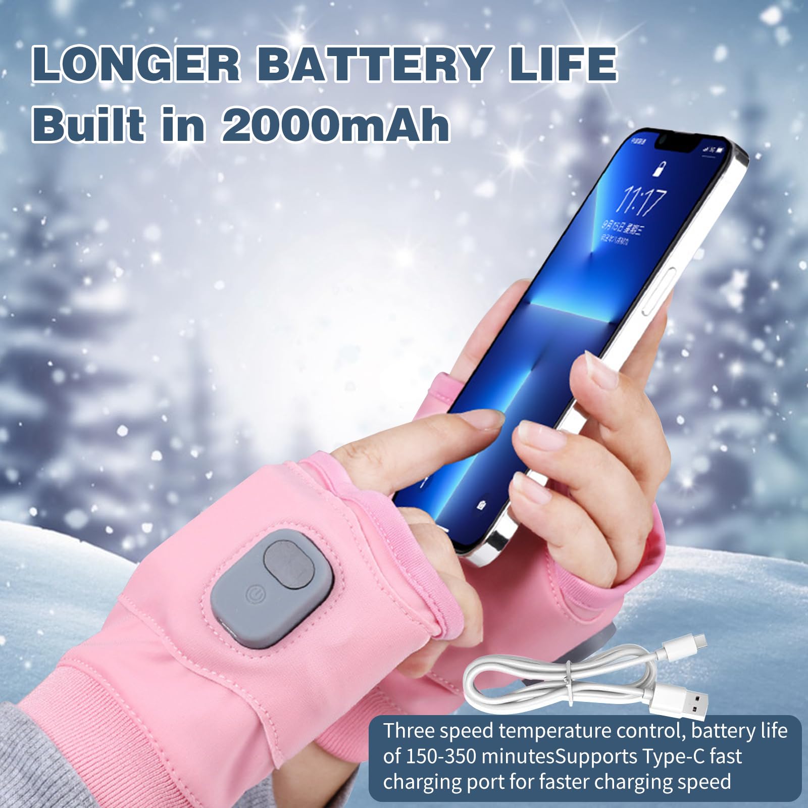 Rechargeable Heated Fingerless Gloves Touchscreen 3-Level Adjustable – Pink