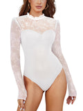 Women's Floral Lace Bodysuit Mock Neck Long Sleeve Sheer Mesh - White L