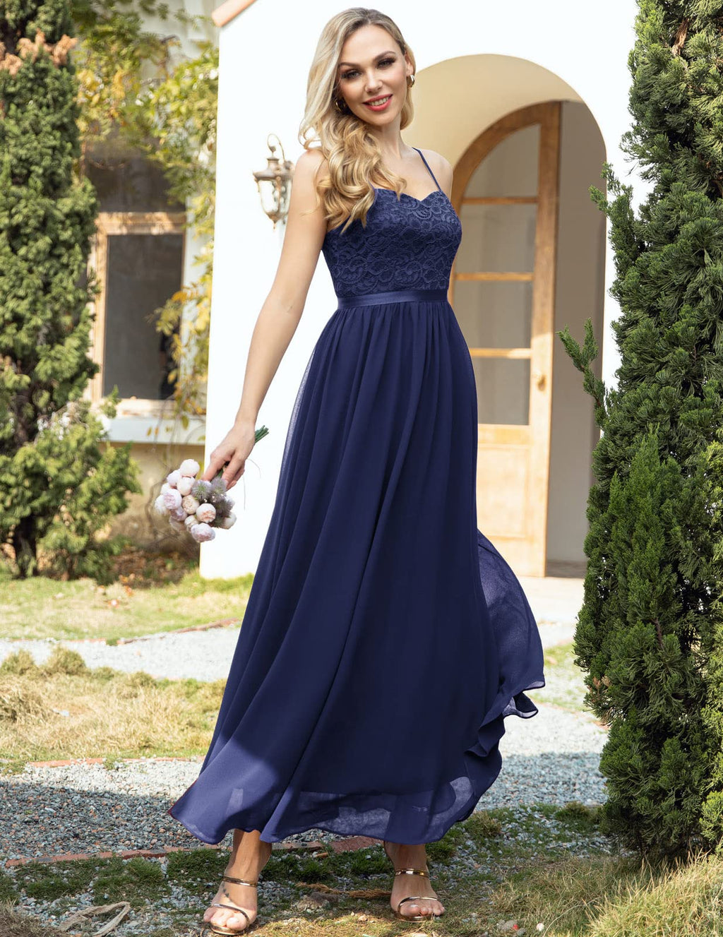 DRESSTELLS Women's Ball Gown Maxi Long Evening Dresses Chiffon Lace Bridesmaid Dresses Floor Length Cocktail Dress with Spaghetti Straps Confirmation Dress Navy L
