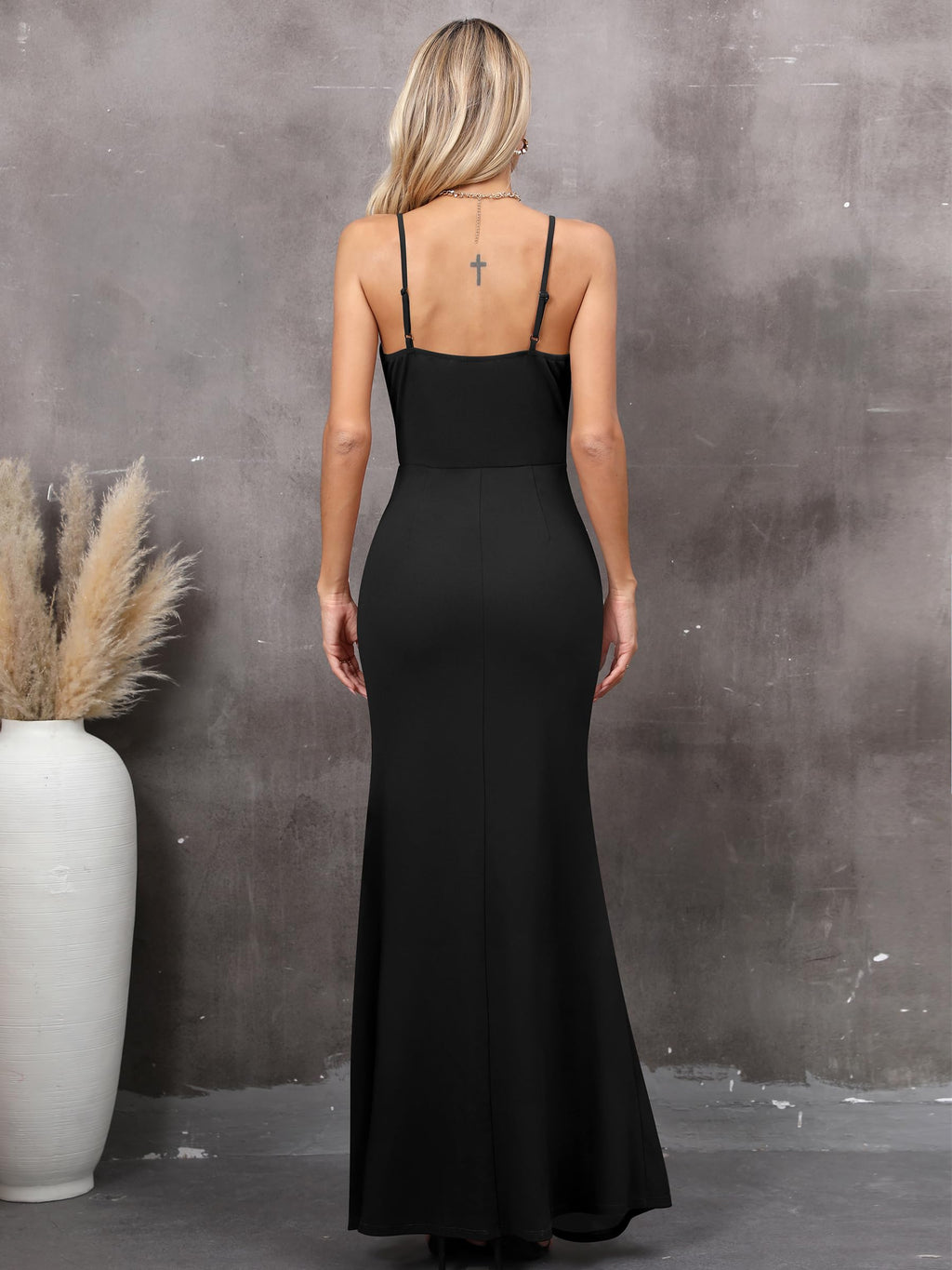 Missufe Evening Dresses Party Dress Spaghetti Straps Sleeveless Wrap Dress Women Slit Cocktail Maxi Long Wedding Ball Gown (Black, Large)
