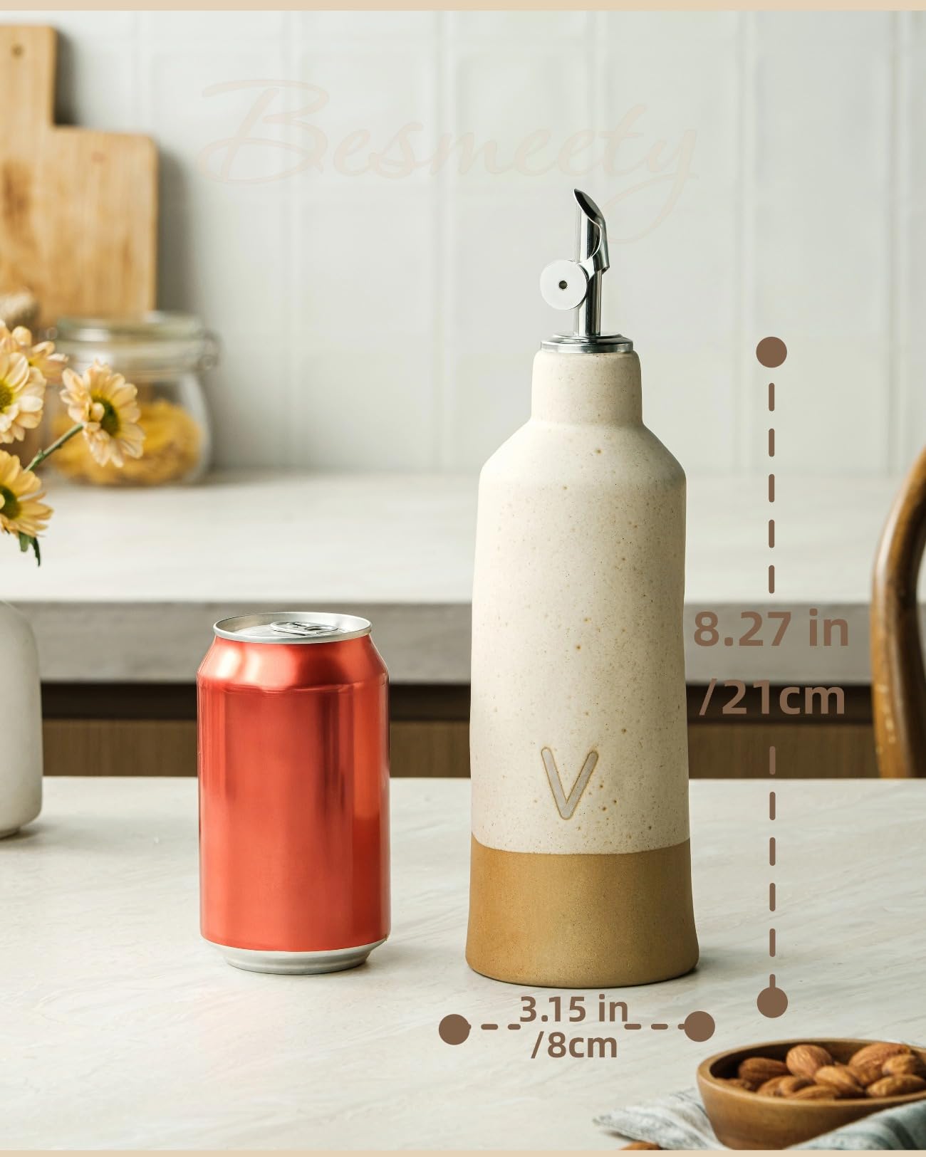 Ceramic Oil & Vinegar Bottles 600ml x2 with Pourers & Funnel – White & Cream