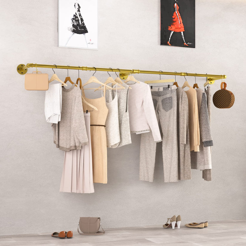 unho Wall Mounted Clothes Rail, Industrial Style Pipe Clothes Rack Wall Mounted, Wall Mounted Wardrobe for Bedroom Living Room (3 Bases), Gold