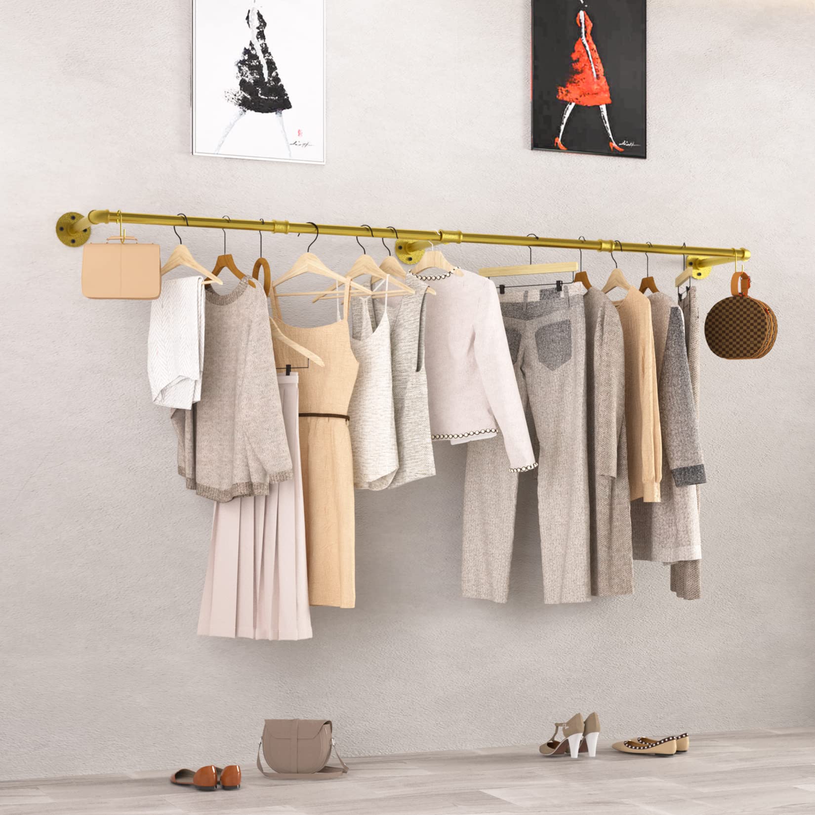 unho Wall Mounted Clothes Rail, Industrial Style Pipe Clothes Rack Wall Mounted, Wall Mounted Wardrobe for Bedroom Living Room (3 Bases), Gold