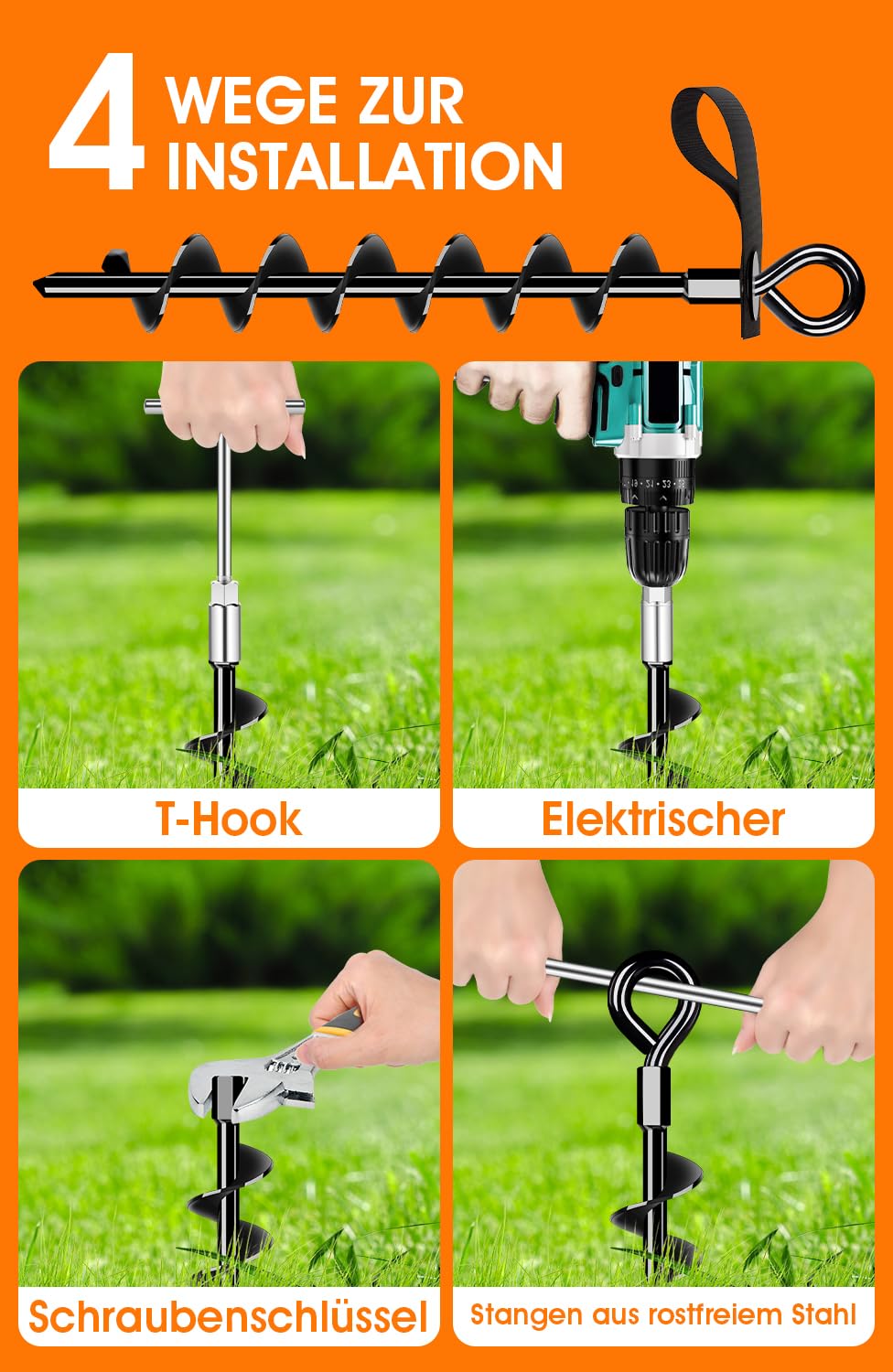 Heavy-duty ground anchors 4 pack, robust, fully screwed ground anchors with straps for securing trampolines, canopies, swings, etc.