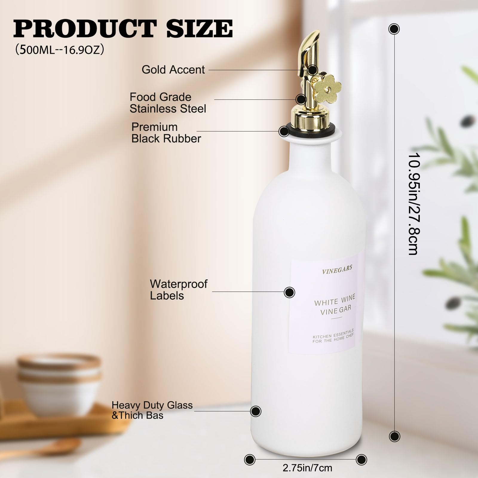 Sunal Olive Oil Dispenser Bottles, 500ml/16.9oz Olive Oil Dispenser Set with Tray, 2-Pack Glass Oil and Vinegar Dispenser Set with Weighted Spout and Waterproof Label & Silicone Funnel, White
