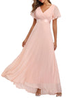 Women's Evening Dress V-Neck High Waist A-Line Chiffon – Pink 2XL
