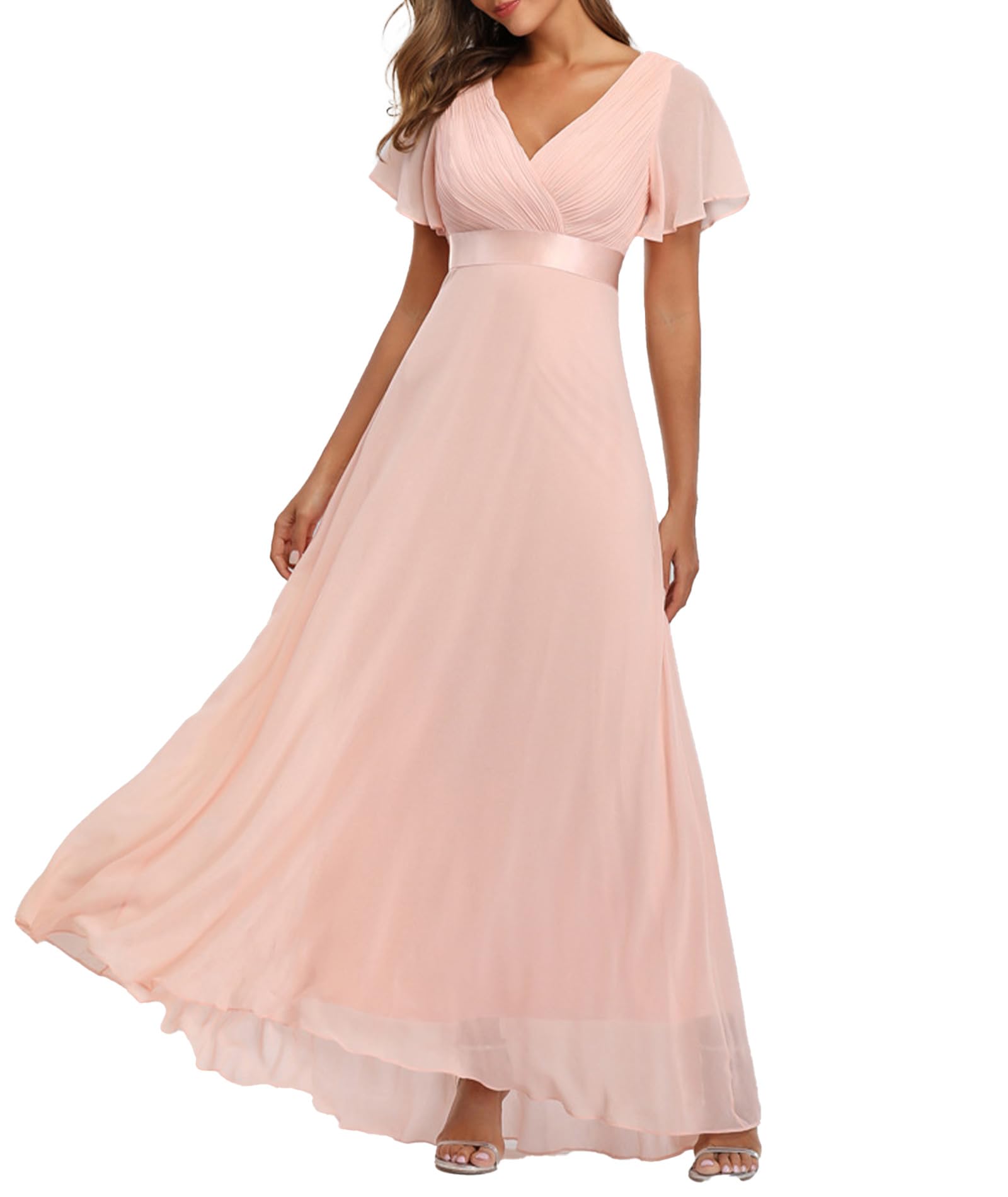 Women's Evening Dress V-Neck High Waist A-Line Chiffon – Pink 2XL