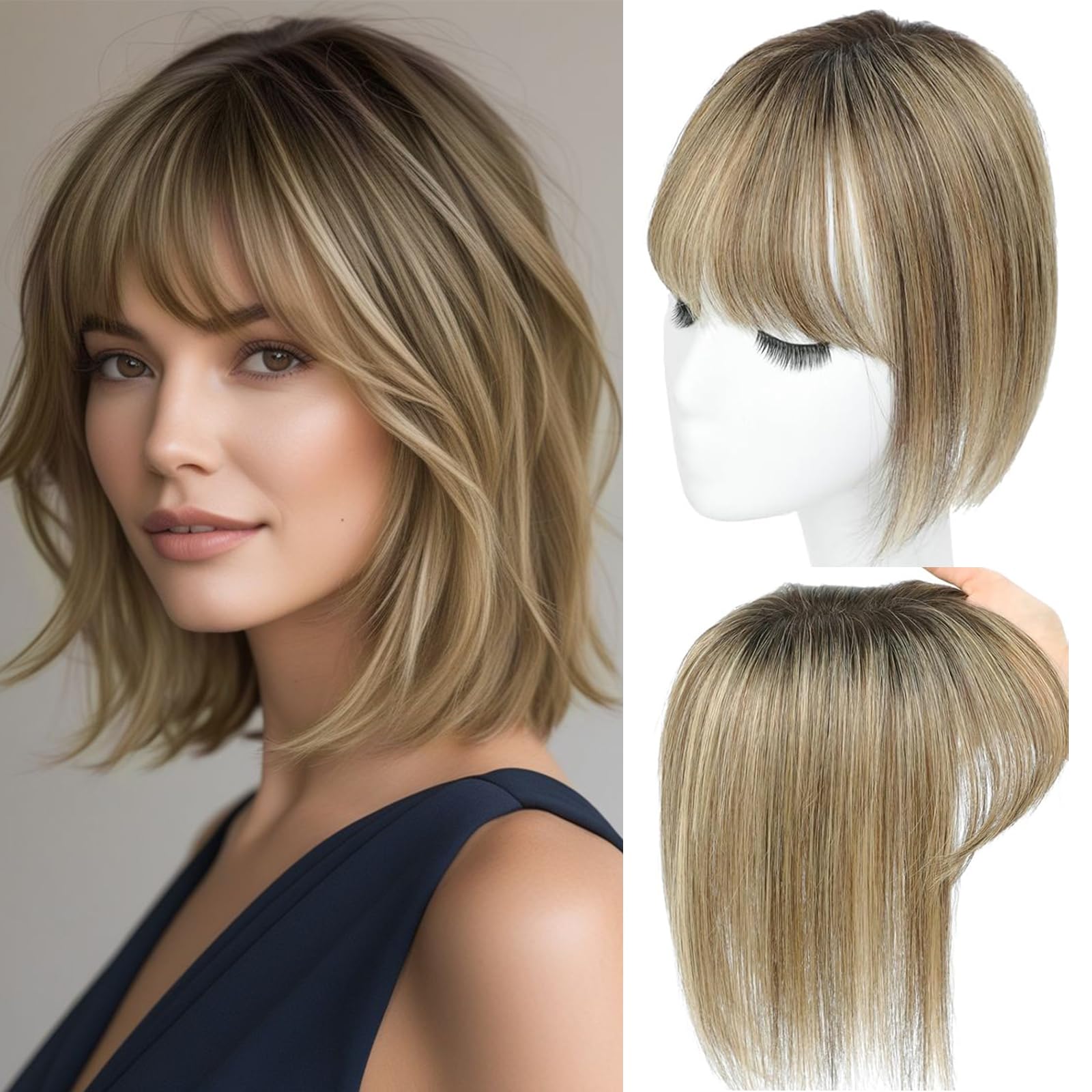 Human Hair Topper with Bangs 360° Hand-sewn 3D Coverage Natural Look – Medium Brown/Blonde