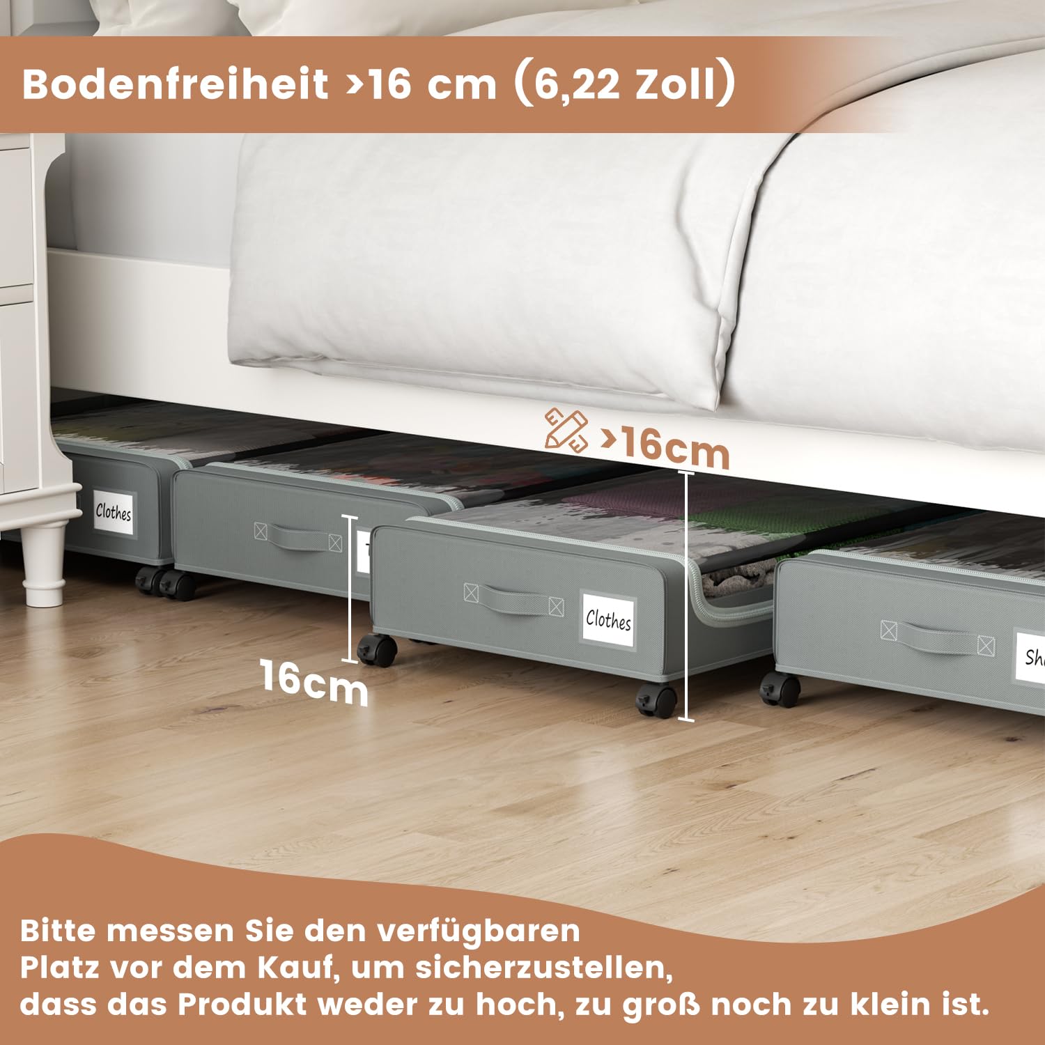 Underbed Storage Box with Wheels – 2 Pack Grey Fabric & Metal 74x42x16cm