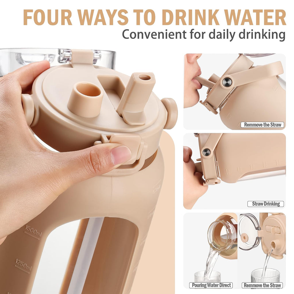 Glass Water Bottle 960ml with Straw & Time Marker Silicone Sleeve – Amber