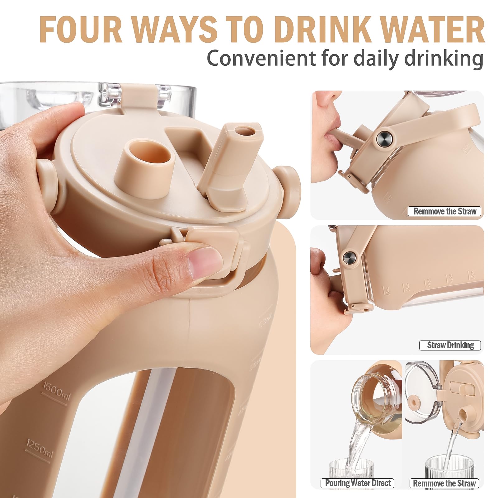 Glass Water Bottle 960ml with Straw & Time Marker Silicone Sleeve – Amber