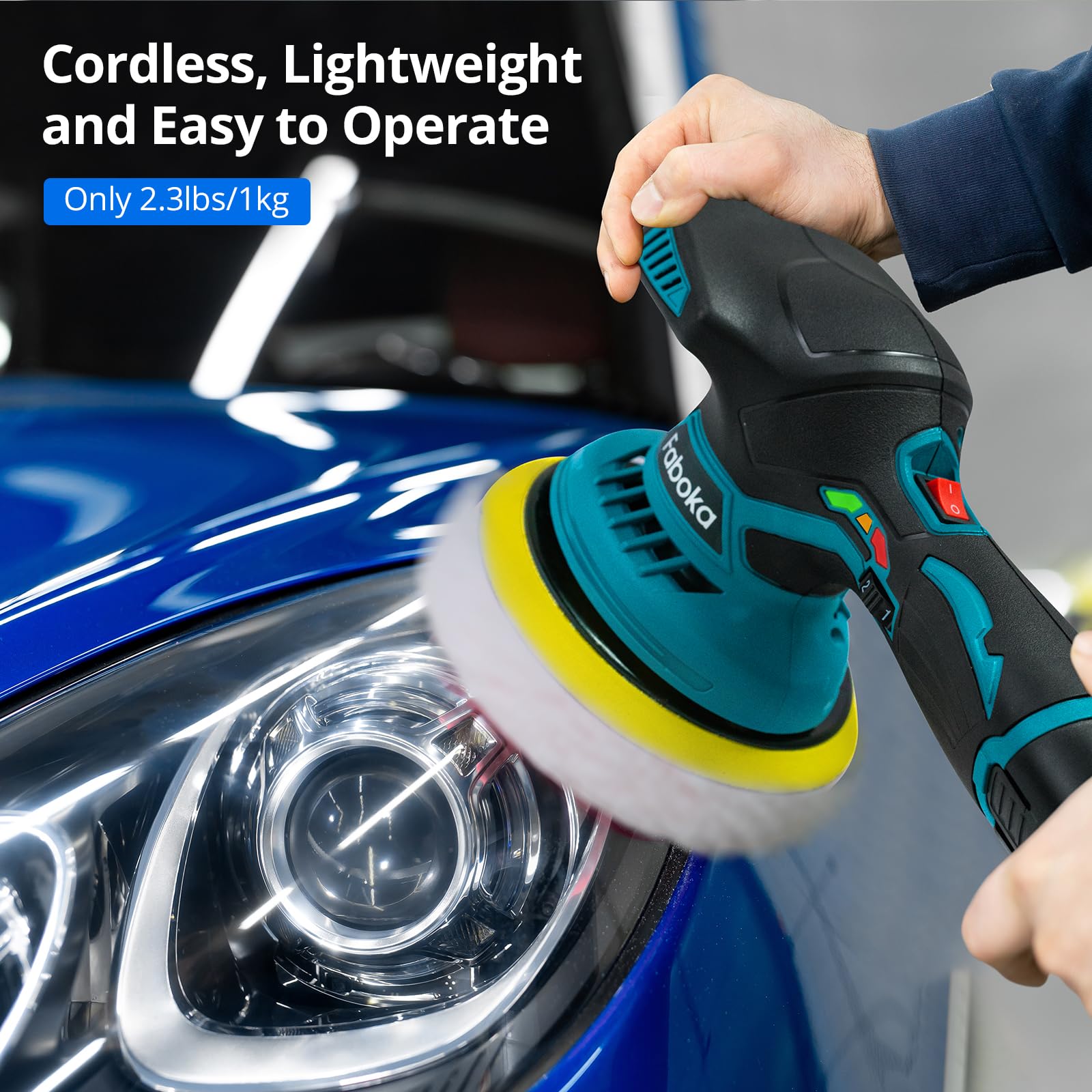 FABOKA Cordless Car Polisher, 12V Eccentric Polisher with 25pcs Attachments and 2pcs 2.0Ah Battery, Cordless Waxing Machine 6 Variable Speeds 5500RPM