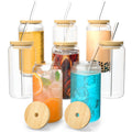 FINEW [Set of 8] Drinking Cups with Lid and Straw Glass, Set of 8 Cocktail Glasses, 16oz/450ml Iced Coffee Glasses, Long Drink Glass with 2 Cleaning Brushes for Bubble Tea, Whiskey, Cocktail, Beer Glasses
