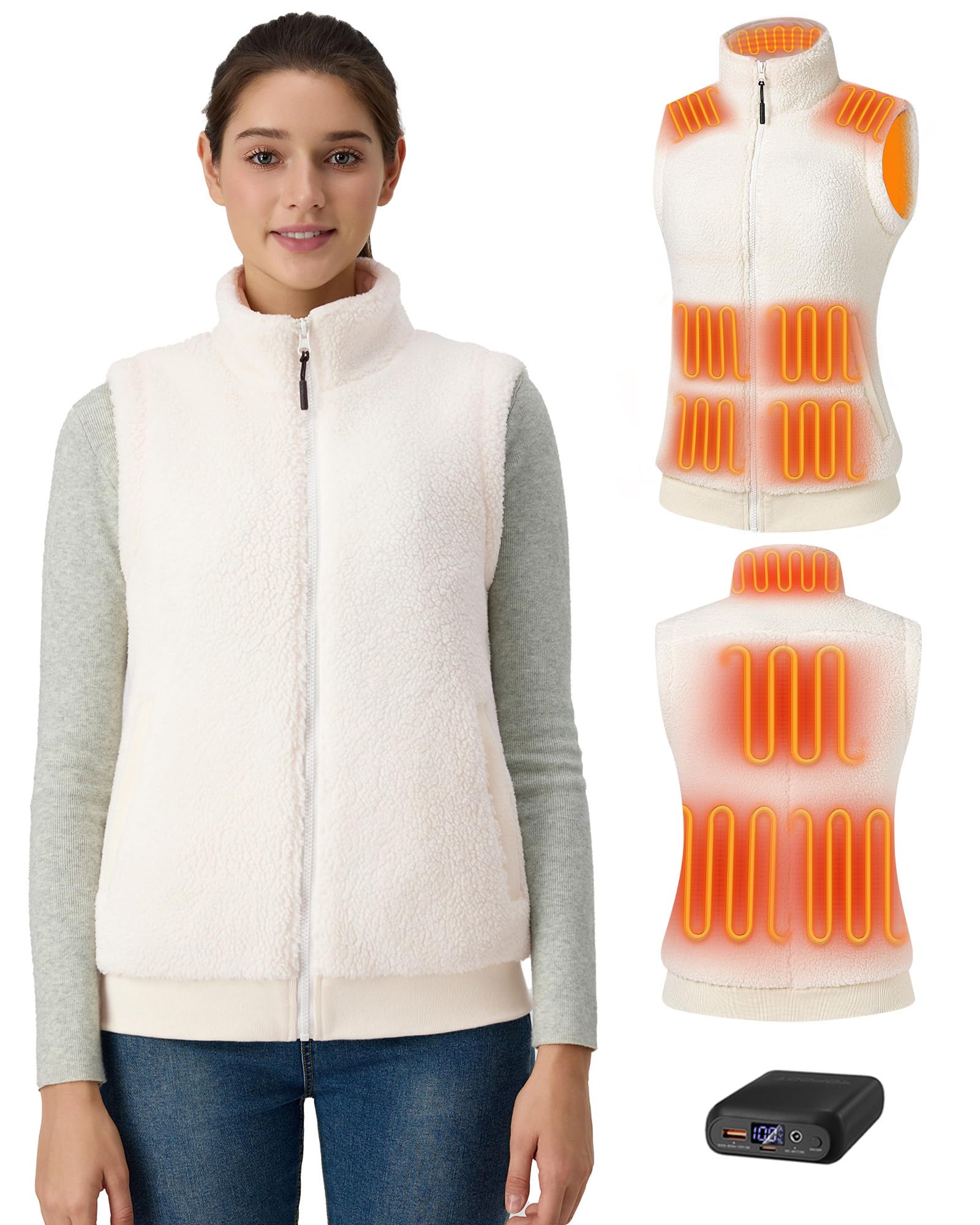 Women's Heated Fleece Vest 7.4V 16000mAh 10 Heating Zones 3 Temp Settings Lightweight – Beige L