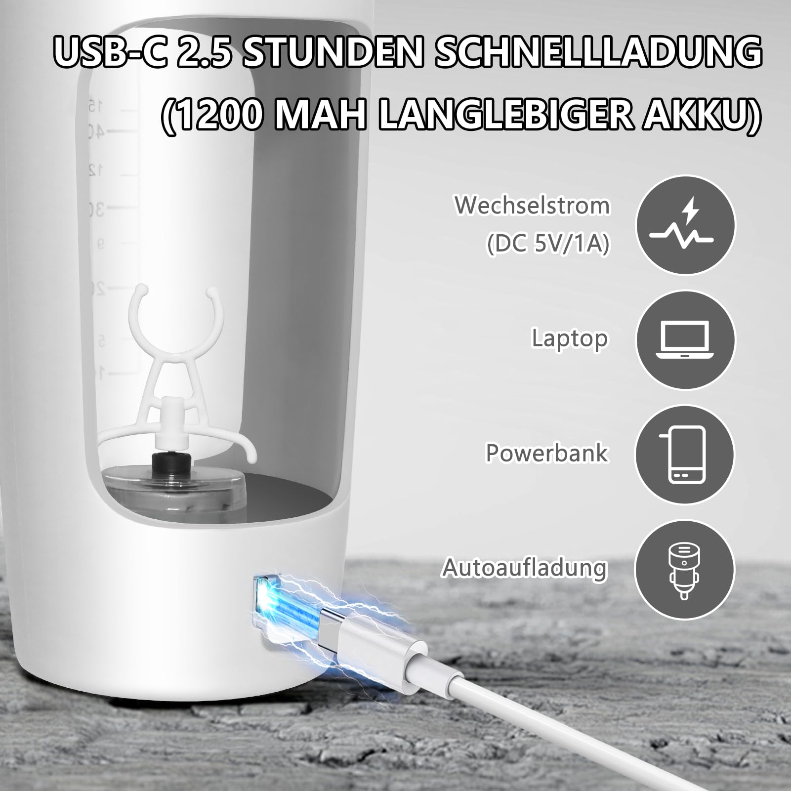 Electric Protein Shaker 650ml USB Rechargeable with Powder Compartment BPA-Free – White