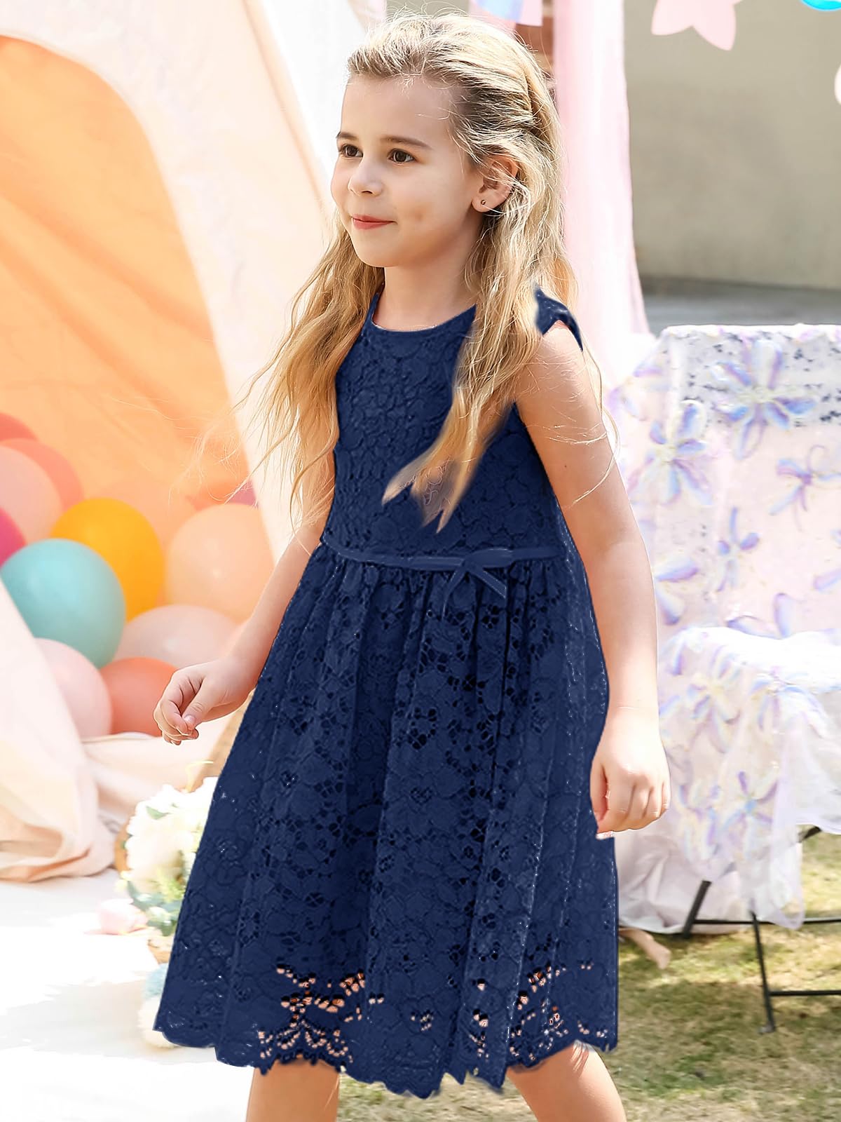 Girls' A-Line Lace Dress Sleeveless Pearl Bow Flower Girl Party – Navy 3-4Y