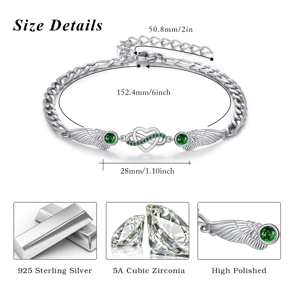 925 Sterling Silver Infinity Bracelet with Heart & Wings April Stone – Silver 15cm+5cm