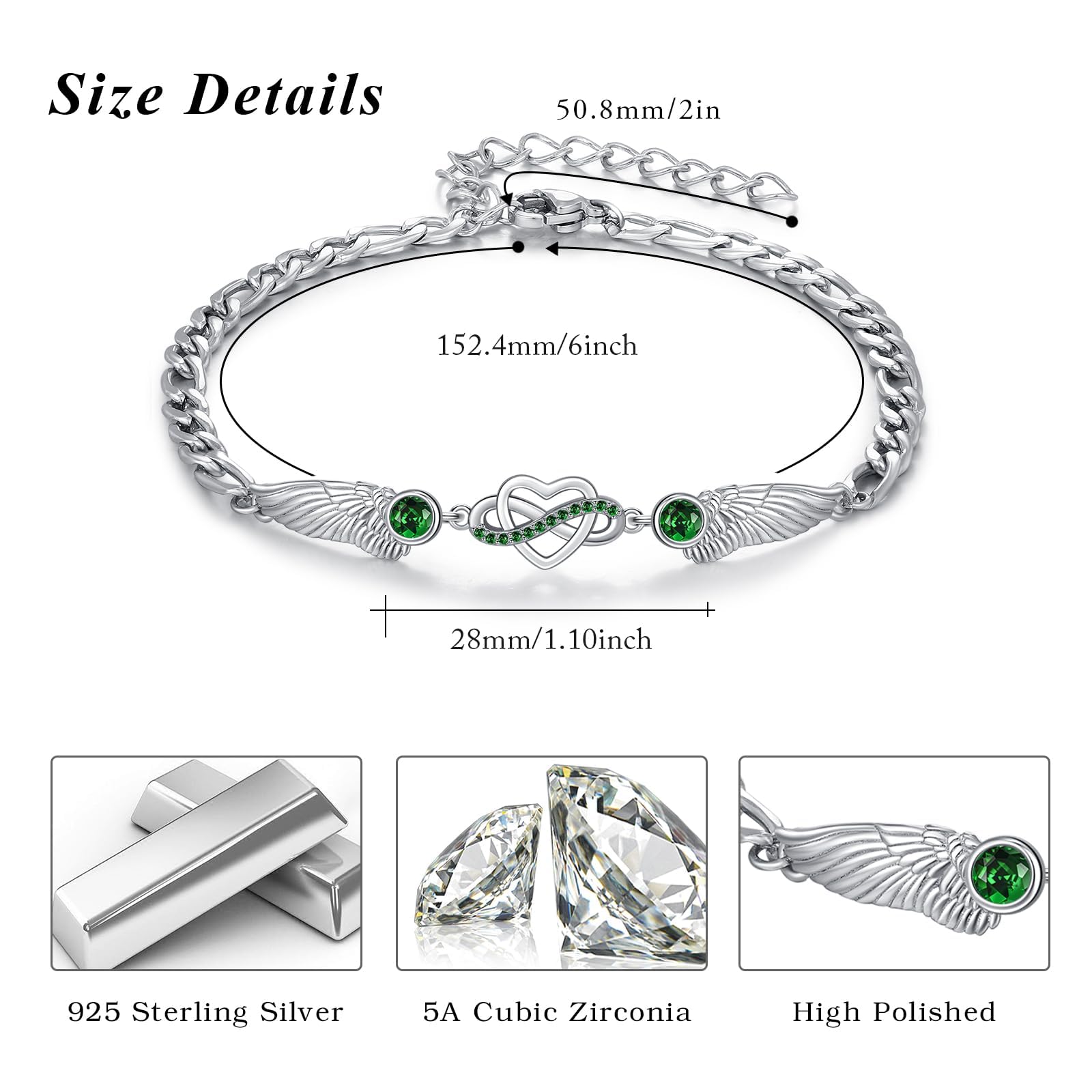925 Sterling Silver Infinity Bracelet with Heart & Wings April Stone – Silver 15cm+5cm