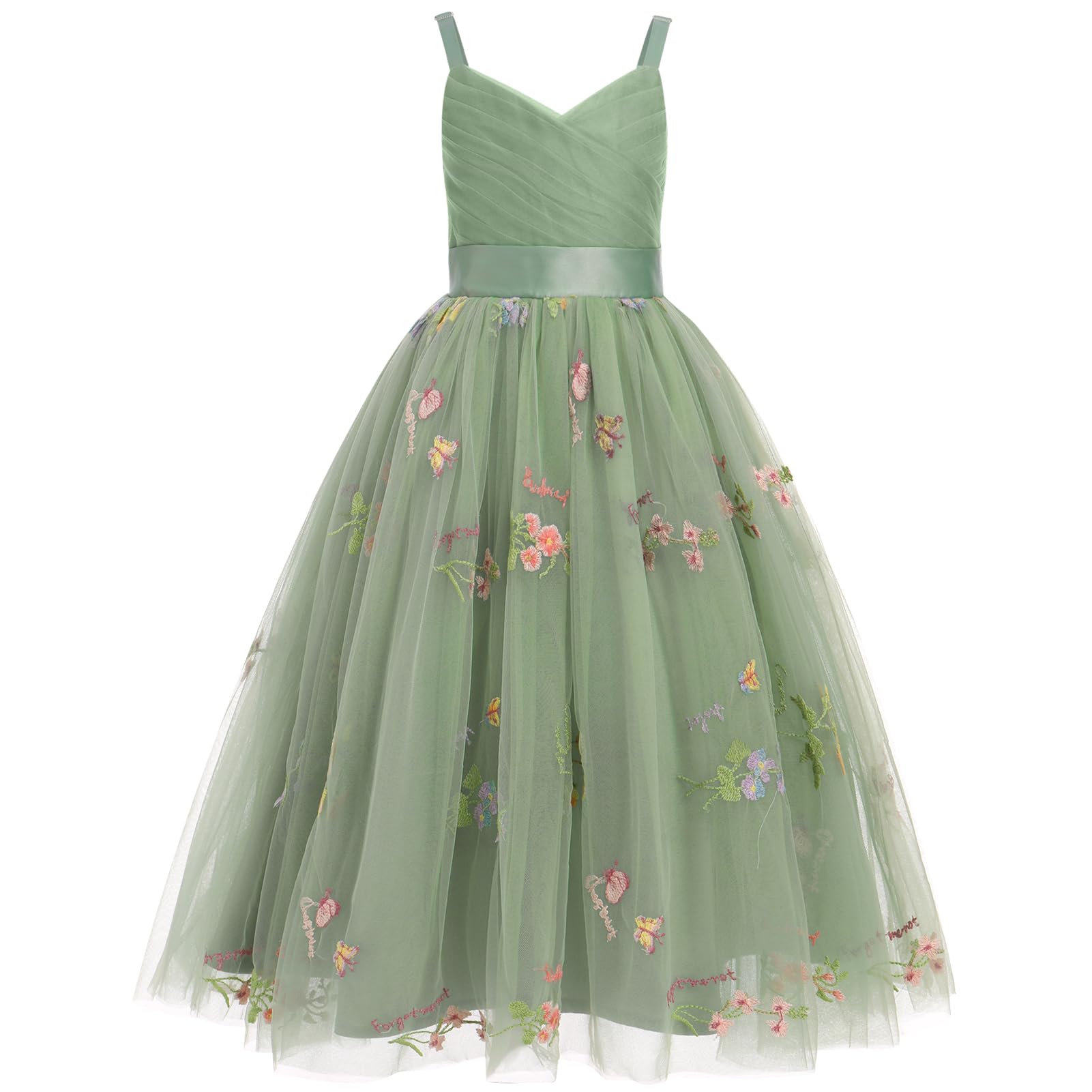 Odizli Flower Girl Dresses Princess Dress Girls Children Sleeveless V-Neck A-Line Tulle Dress Festive Wedding First Communion Communion Dress Evening Dress Long Ball Gown Green Embroidery 9 Years