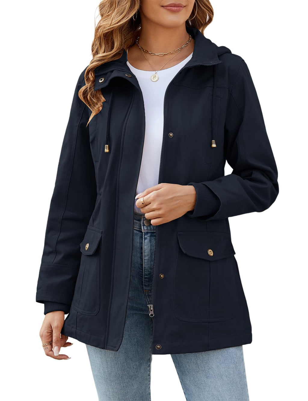 Ladies Lightweight Casual Jacket Cotton Outdoor Zip Up Hood – Navy Blue XL