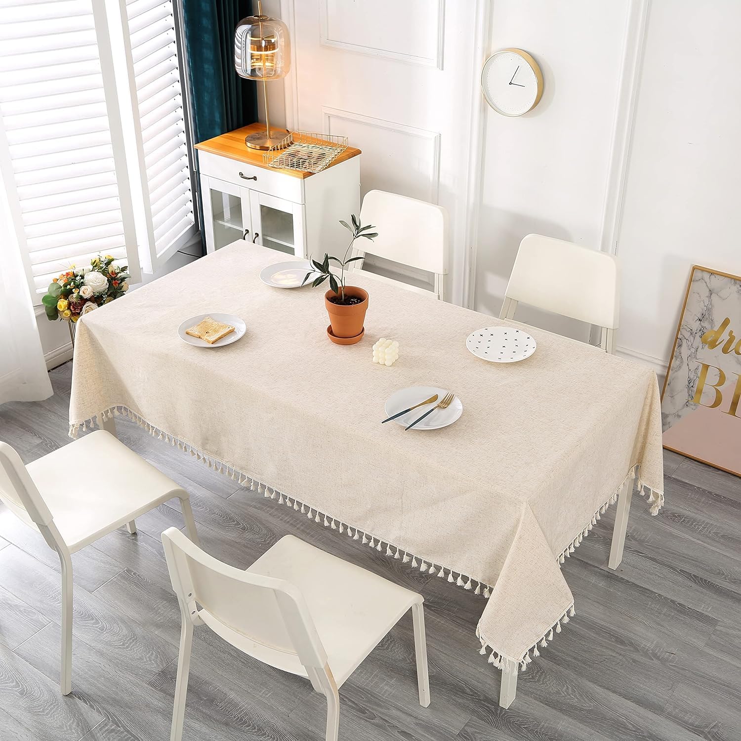 SUCHDECO Beige Tablecloth Large Linen Rectangular Tablecloth Washable Linen Tablecloth Garden Tablecloth for Birthday Party Wedding Beer Table with Tassel Table Linen, 140 x 300 cm
