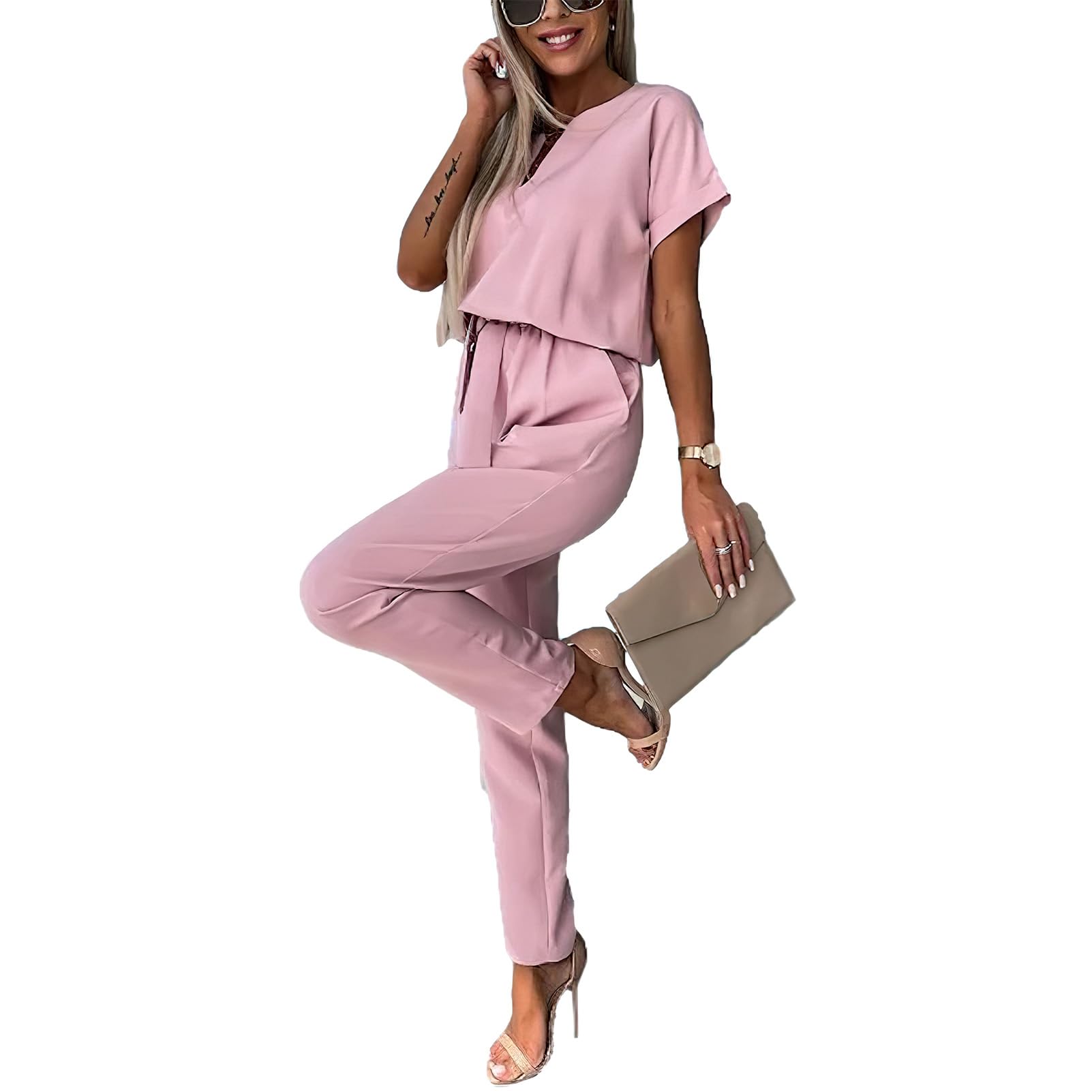 Women's Short Sleeve V-Neck Jumpsuit with Belt Elegant Summer Pants – Pink XL