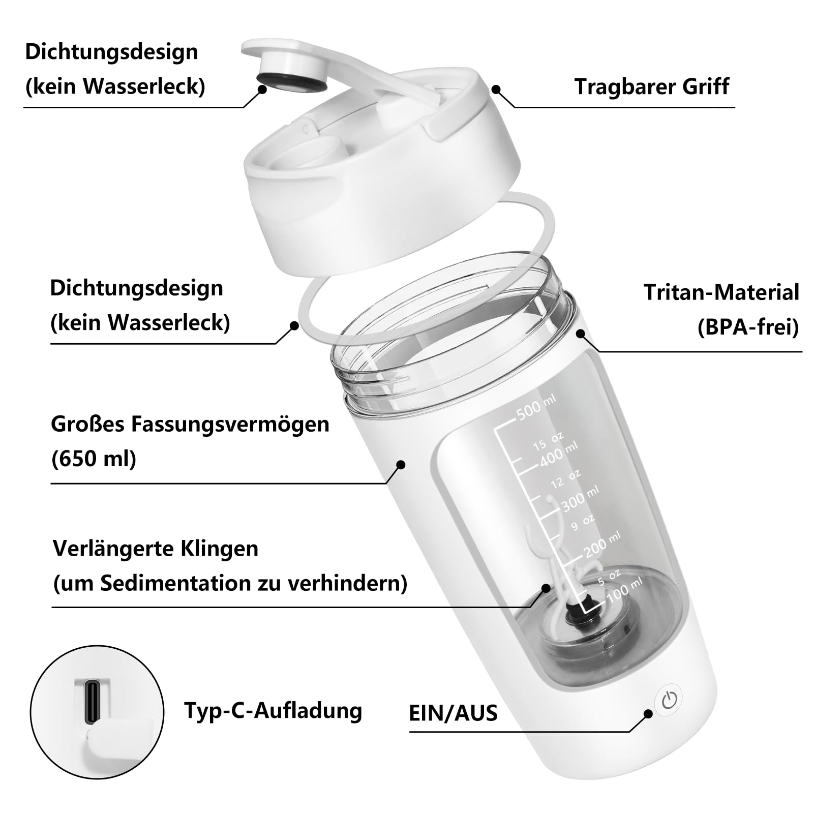 Electric Protein Shaker 650ml USB Rechargeable with Powder Compartment BPA-Free – White