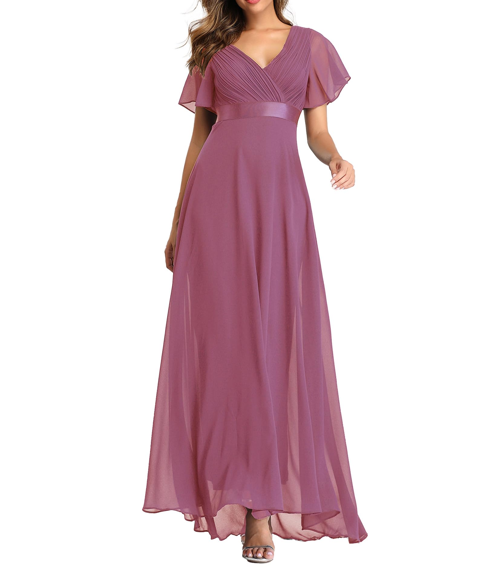 Evening Chiffon A-Line Bridesmaid Dress V-Neck High Waist Long Ball Gown with Belt – L