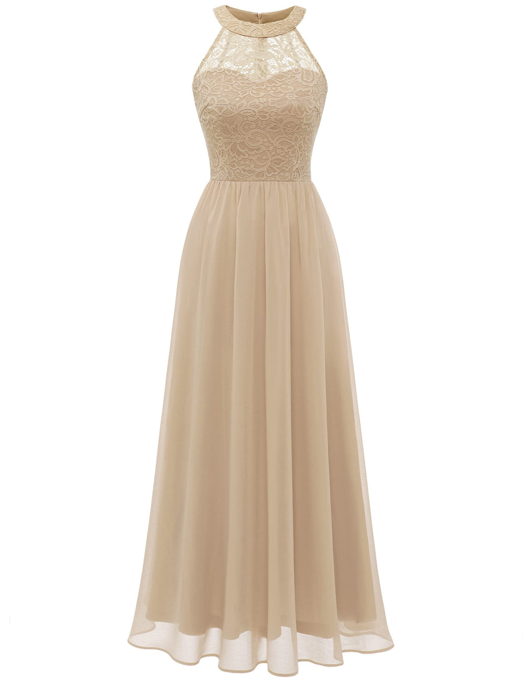 Halter Lace Chiffon Evening Dress Long Formal Wedding Cocktail – Champagne 2XL