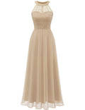 Halter Lace Chiffon Evening Dress Long Formal Wedding Cocktail – Champagne 2XL