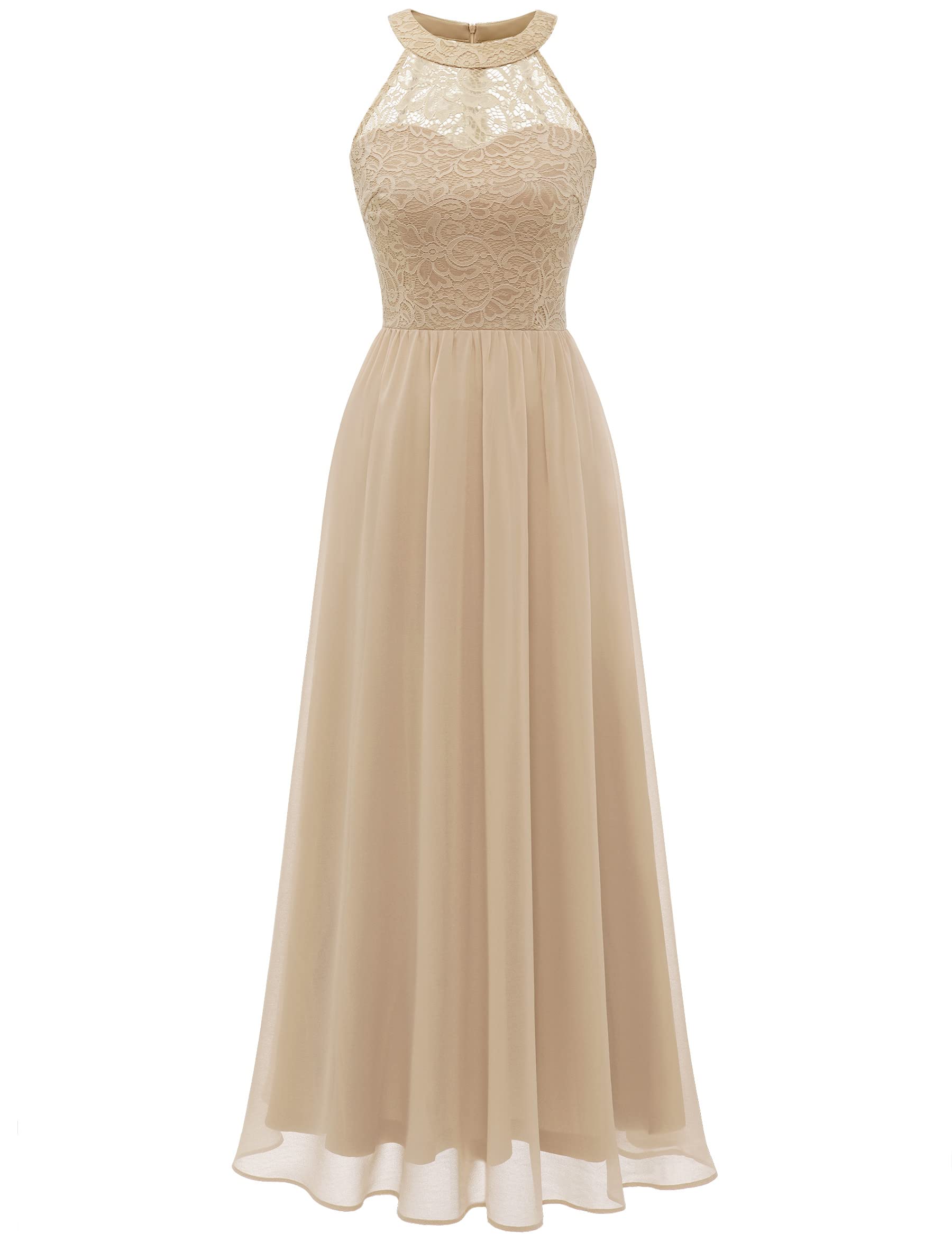 Halter Lace Chiffon Evening Dress Long Formal Wedding Cocktail – Champagne 2XL