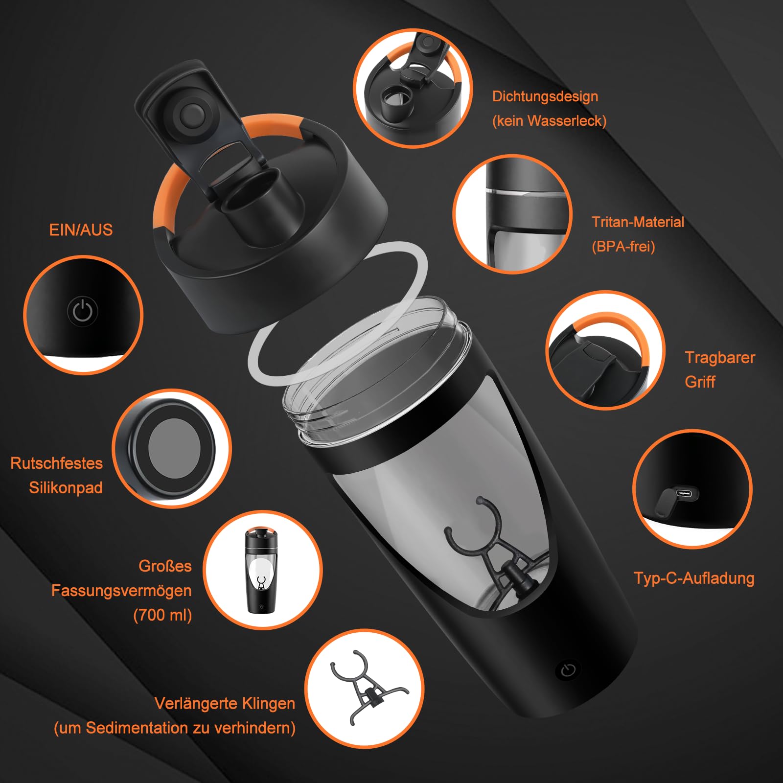 SOARFLY Electric Shaker 700ML with Powder Compartment – Black