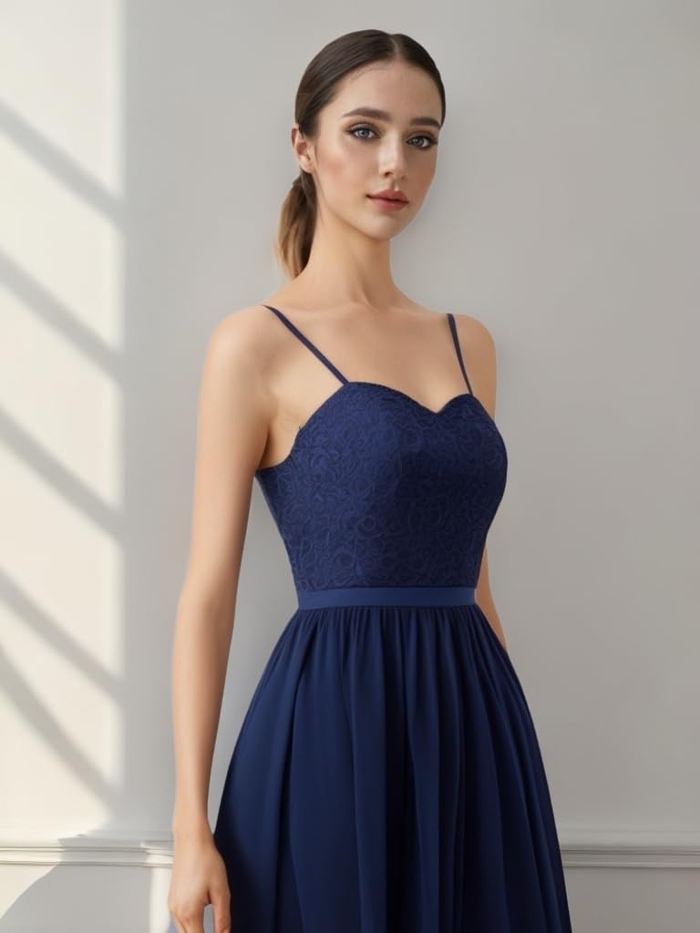 DRESSTELLS Women's Ball Gown Maxi Long Evening Dresses Chiffon Lace Bridesmaid Dresses Floor Length Cocktail Dress with Spaghetti Straps Confirmation Dress Navy L