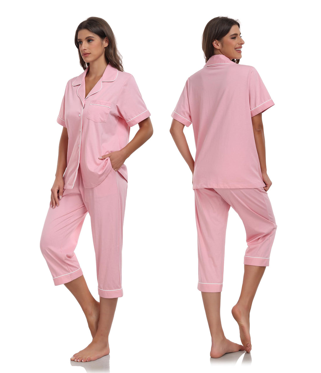 Women's 3/4-Length Cotton Pyjama Set Short Sleeve Button Top Capri – Pink M