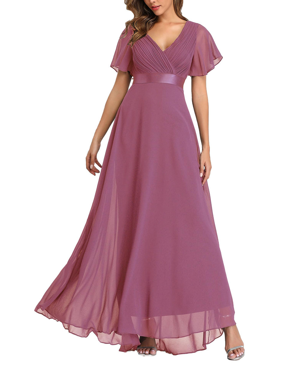 ECDAHICC Women's Evening Dresses Belt V-Neck High Waist A-Line Chiffon Bridesmaid Dress Elegant Long Prom Dress (PE,XL)