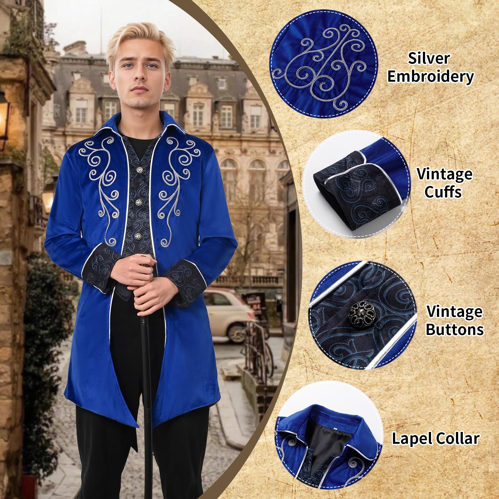 Steampunk Men's Coat Victorian Gothic Cosplay – Blue XL