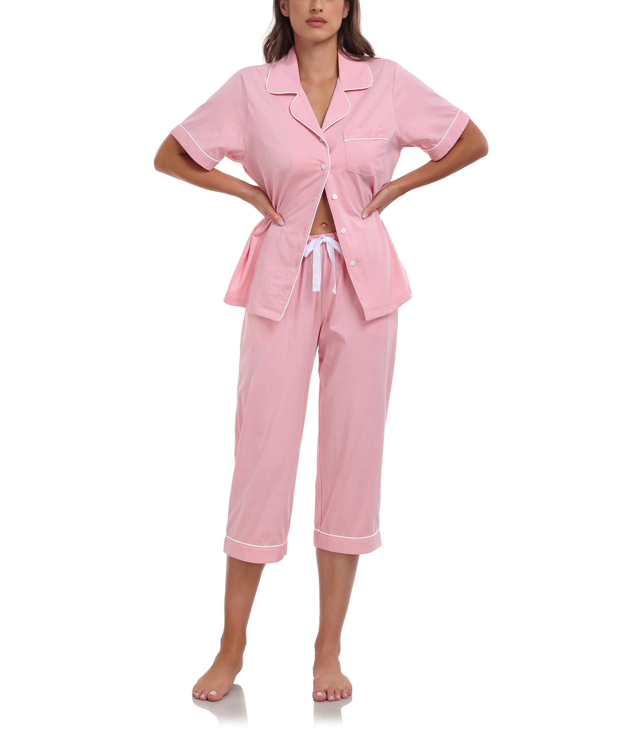 Women's 3/4-Length Cotton Pyjama Set Short Sleeve Button Top Capri – Pink M