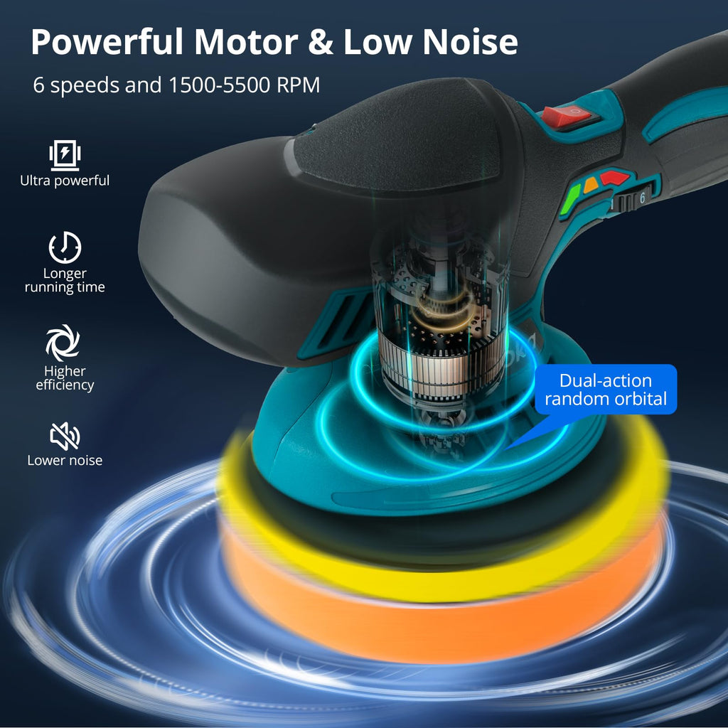 FABOKA Cordless Car Polisher, 12V Eccentric Polisher with 25pcs Attachments and 2pcs 2.0Ah Battery, Cordless Waxing Machine 6 Variable Speeds 5500RPM