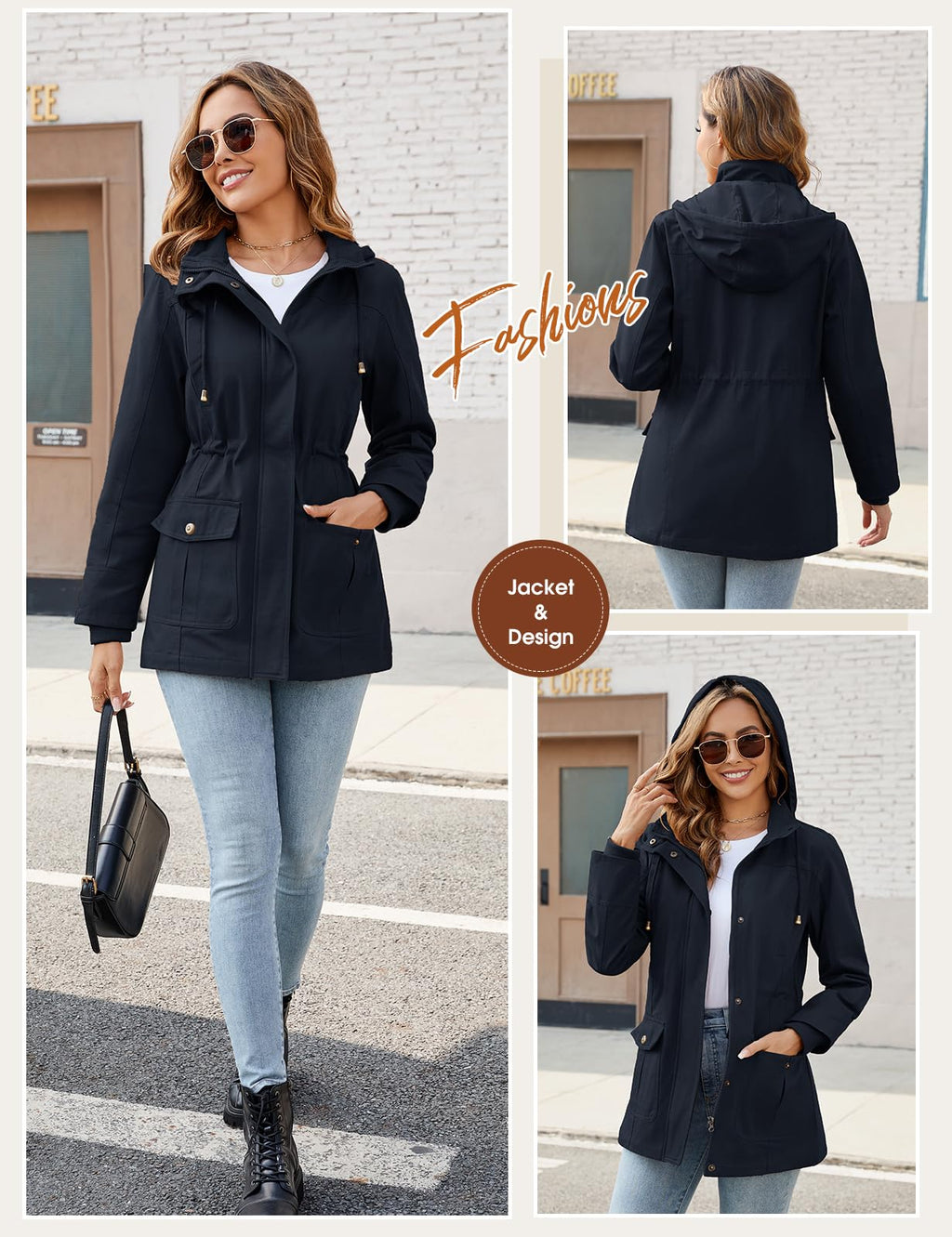 Ladies Lightweight Casual Jacket Cotton Outdoor Zip Up Hood – Navy Blue XL