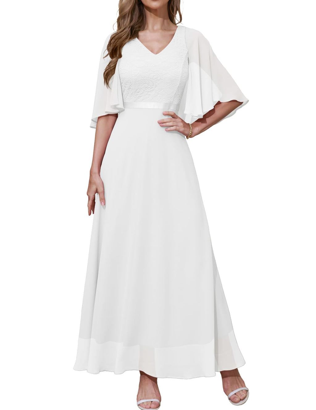 DRESSTELLS Women's Evening Dress Long Elegant for Wedding Dress Cocktail Dress Women Elegant with Sleeves Elastic Waist White L