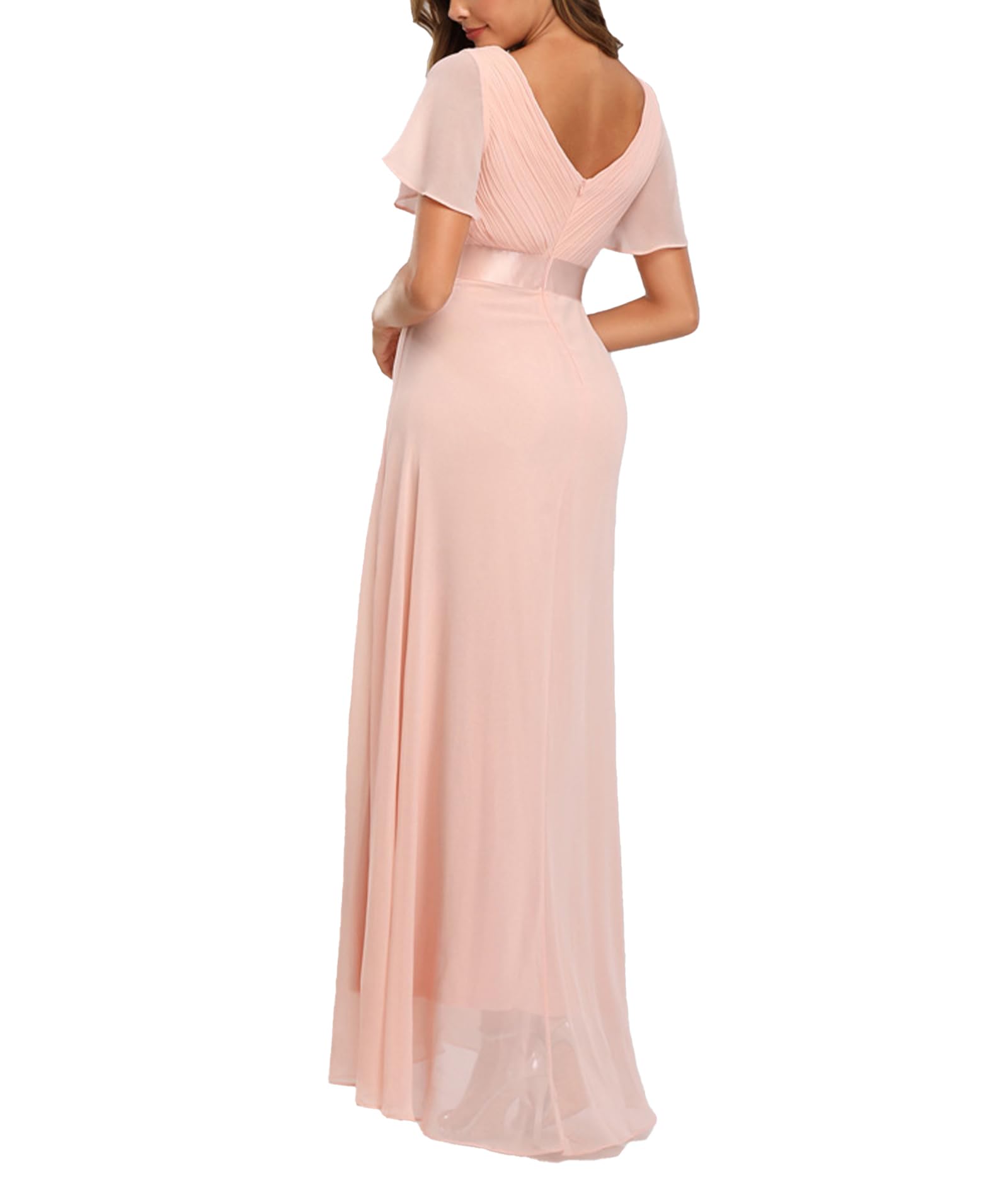 Women's Evening Dress V-Neck High Waist A-Line Chiffon – Pink 2XL
