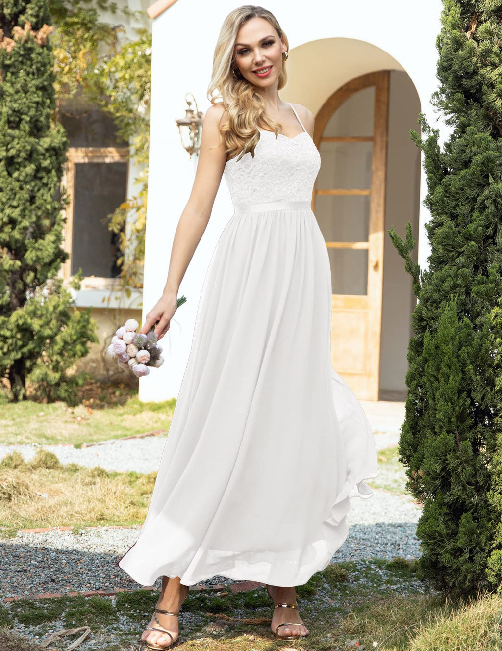 DRESSTELLS Women's Sleeveless Evening Dresses Chiffon Lace Bridesmaid Dresses Vintage Cocktail Dresses Festive Elegant Ball Gown with Spaghetti Straps White Size-S