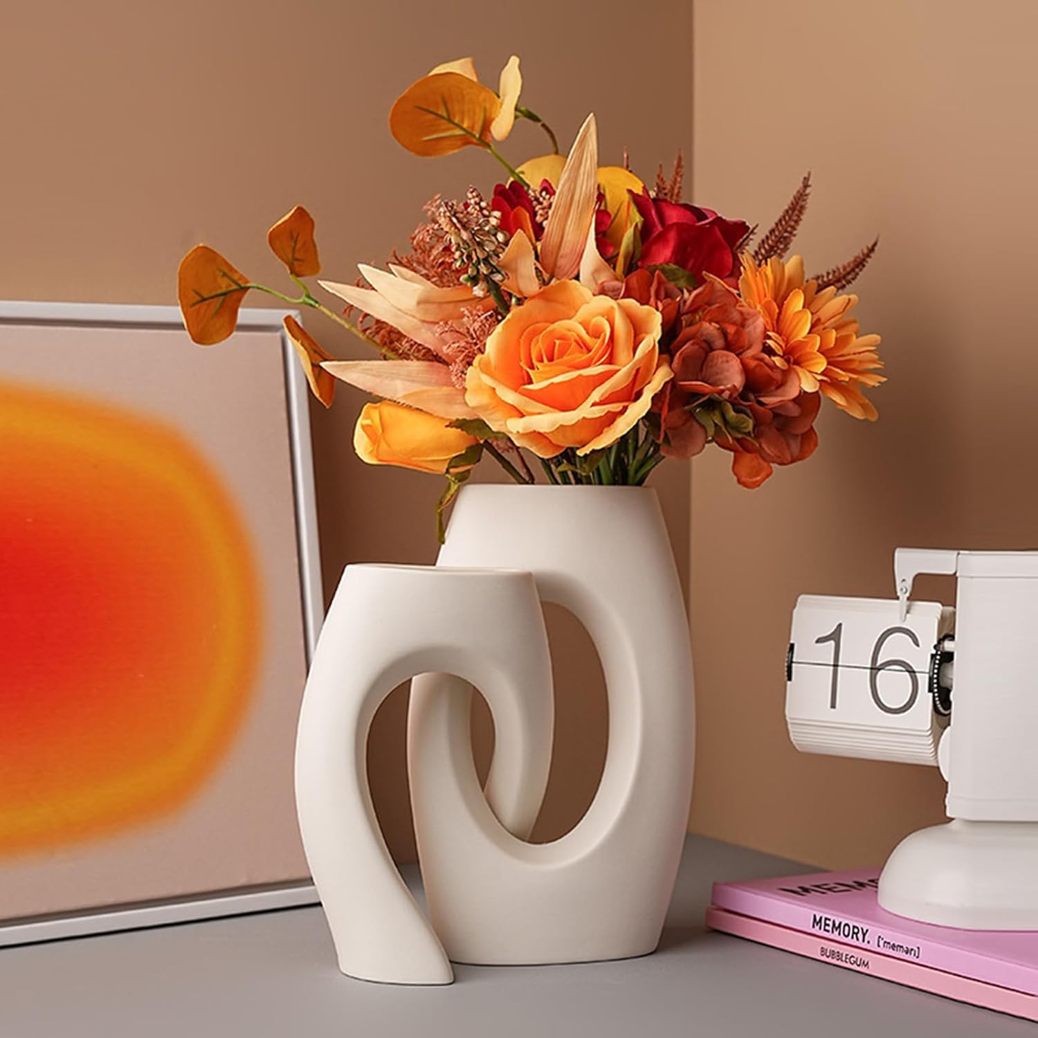 Donut Vase Set of 2 Ceramic Vase White Matt Boho Vase Pampas Grass Vase White Minimalist for Living Room, Bedroom, Kitchen, Office, Wedding Decoration